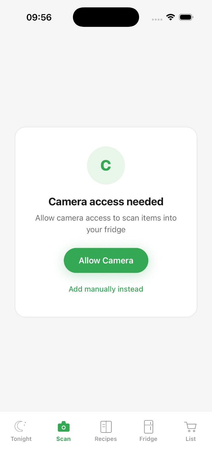 Eco Kitchen camera access screen with add manually option